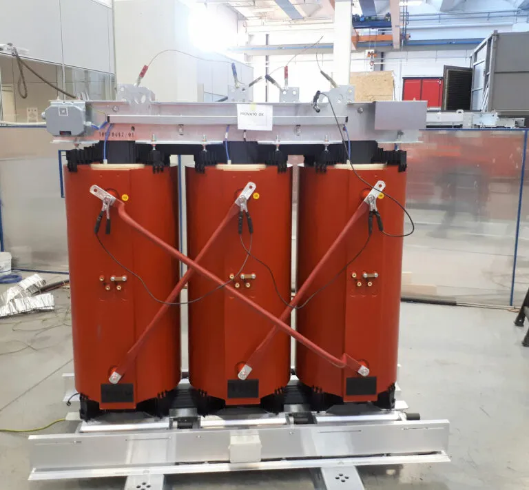 A 1000 kVA dry-type transformer going through the applied voltage test.