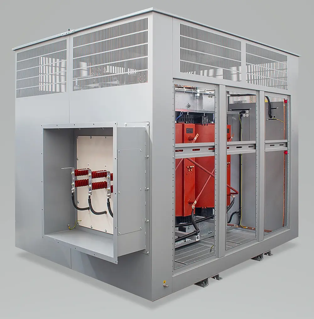 A dry-type transformer in an IP23 enclosure for a mining application.