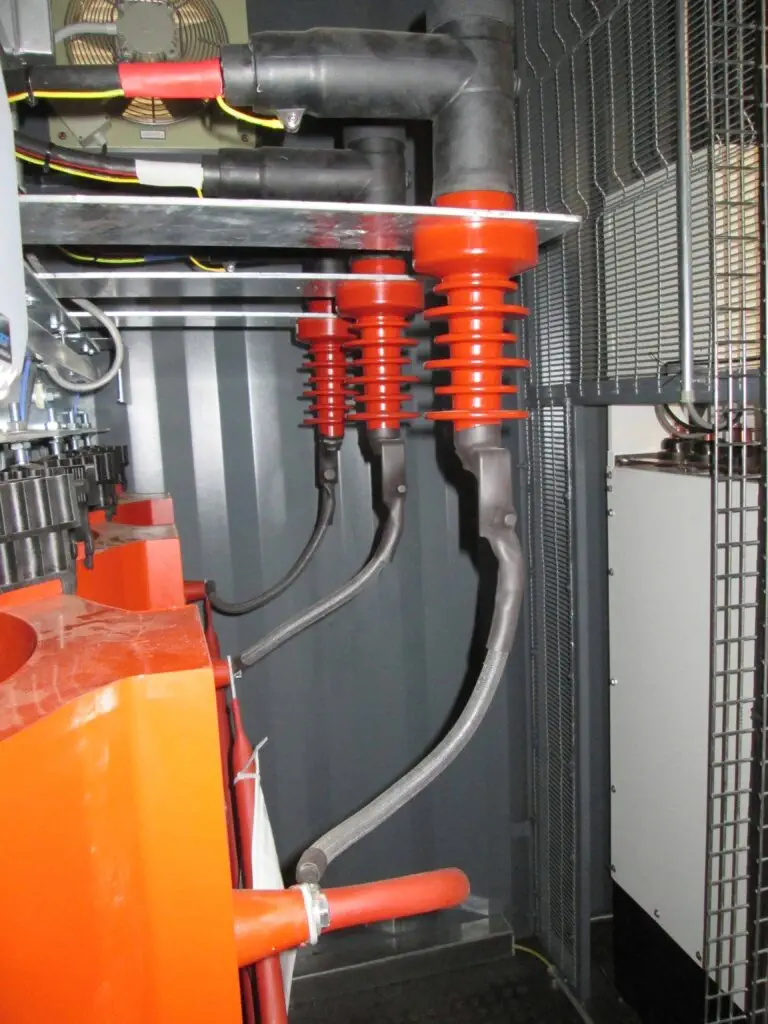 A dry-type transformer installed in modular substation.