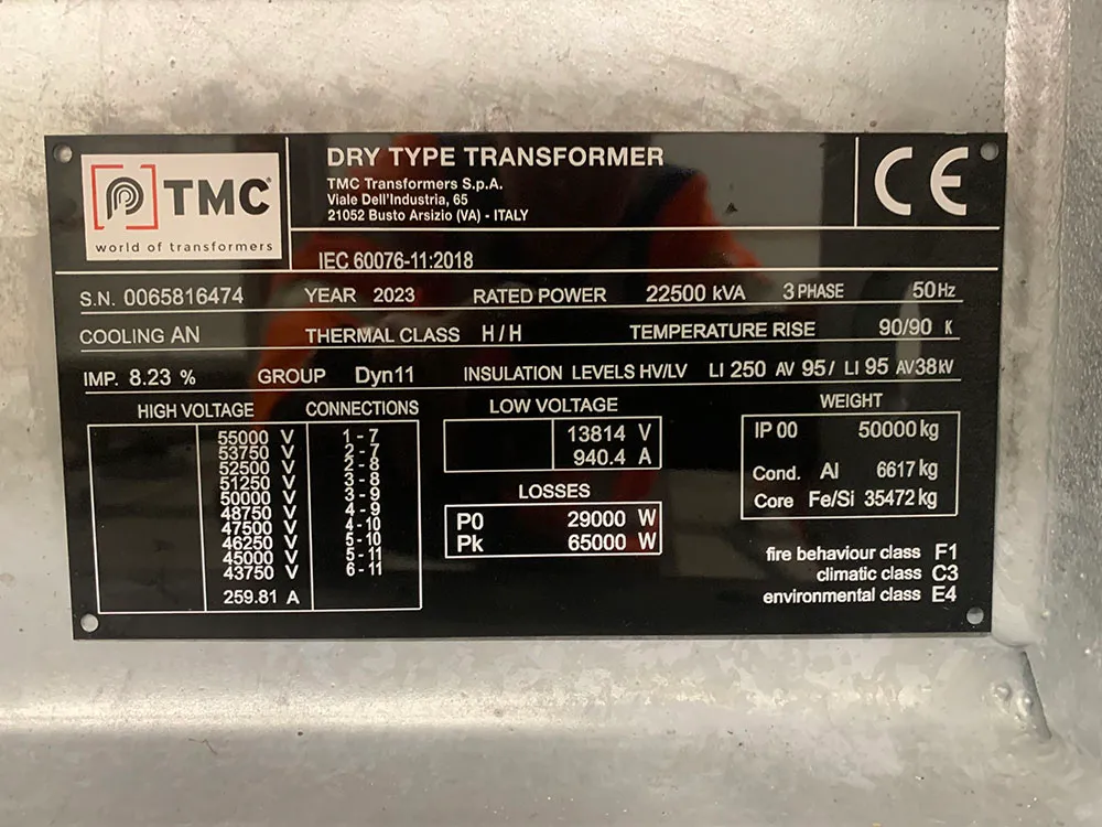 The rating plate of one of the 22,5 MVA 50 kV dry-type transformers.