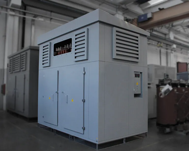 An outdoor-rated enclosure houses an air-naturally-cooled medium voltage cast resin transformer, delivering reliable performance in even the harshest operating environments.