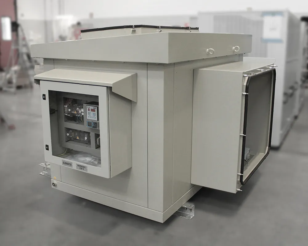 An outdoor-rated enclosure fitted with cable boxes contains an air-naturally-cooled cast resin transformer suited to heavy-duty industrial applications.